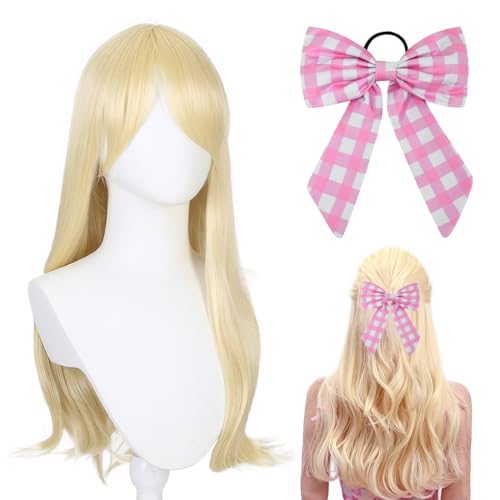 Perücke Prinzessin Damen Mädchen Blonde Perücke Barbie Damen Kostüm Prinzessin Perücke Barbie Haarschmuck Schleife Kostüm Accessoires ür Karneval Frauen Cosplay Party von Augesak