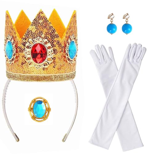 Prinzessin Peach Kostüm Zubehör, 4 Stück Peach Kostüm Damen Accessoires mit Prinzessin Peach Krone, Ohrringe Handschuhe Brosche, Princess Peach Kostüm Damen Cosplay Dress Up für Karneval Halloween von Augesak