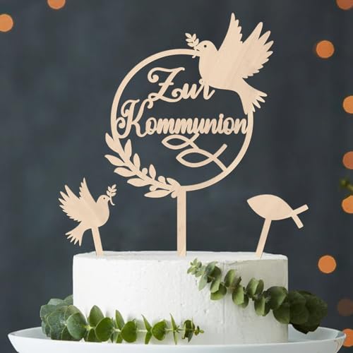 Tortendeko Kommunion Holz, Cake Topper Zur Kommunion, Taube Fisch Kuchen Deko Kommunion Torten Topper, Tortendeko Kommunion Mädchen Junge Erstkommunion Torte Deko von Augesak