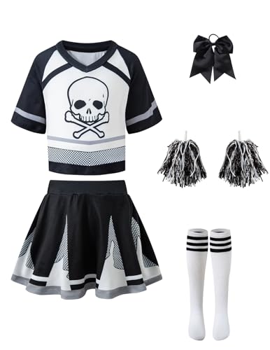 Auggle Schwarzes Horror-Zombie-Halloween-Kostüm für Mädchen, Cheerleader-Outfit (schwarz, 5–6 Jahre) von Auggle