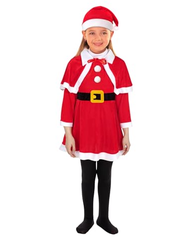 Auggle Weihnachtsmann-Kostüm für Mädchen, Elfen-Kostüm, Weihnachten, Cosplay, Partykleid mit Umhang, Hut, Gürtel (3–4 Jahre) von Auggle