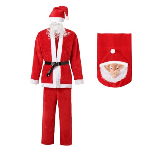 Augystre 6-teiliges Weihnachtsmann Kostüm für Herren Weihnachtsmannkostüm mit Mütze Bart Gürtel und Geschenkgürtel Weihnachtskostüm Nikolauskostüm Weihnachtskostüme Kostüme rot von Augystre