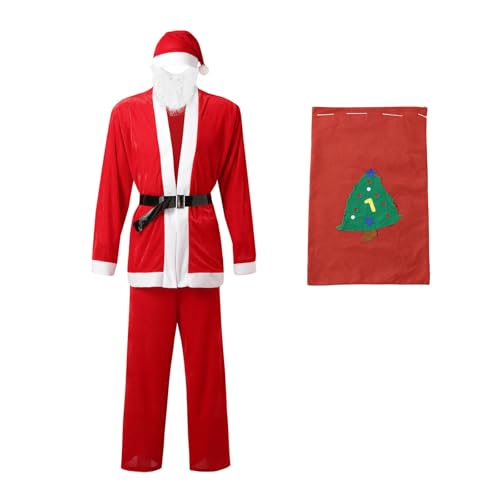 Augystre 6pcs Set Deluxe Weihnachtsmann Kostüm für Erwachsene,Weihnachtsmann Top,Hose,Hut,Covers,Gürtel,Bart,Geschenkgürtel All In von Augystre