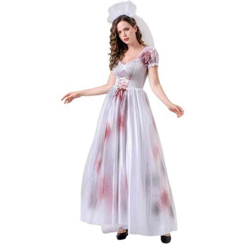 Augystre Damen Geisterbraut Kleider Retro Kleider Renaissance Kostüme Kurzarm mit Rüschen Gothic Corsagenkleid Low Design Steampunk A-Line Kleid Vintage Maxikleid Helloween Kostüme von Augystre