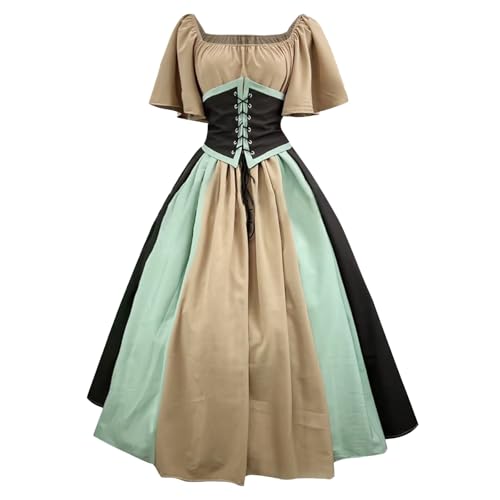 Augystre Damen Mittelalterliche Kleid Gothic Retro Partykleid Kurzarm mit Rüschen Gothic Corsagenkleid Puffärmel Gesmokte Taille Baumwollkleid Tunika Kleid Vintage Maxikleid Karneval Kostüm von Augystre