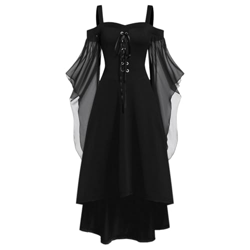 Augystre Damen Mittelalterliche Kleid High Low-Saum mit Rüschen Elastiche Taille Retro Kleid Puffärmel Gesmokte Taille Baumwollkleid Renaissance Kleid für Halloween Karneval von Augystre