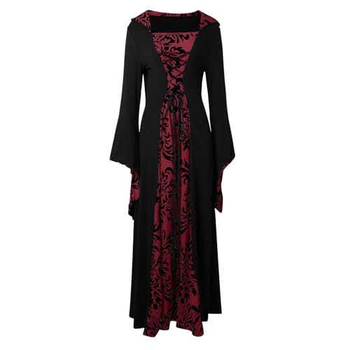 Augystre Damen Mittelalterliche Kleid Mittelalterlich Kapuzen Großes Swing Kleid Bedruck Cosplay Dress Kostüm Elegant Gothic Mittelalter Kostüme Damen Renaissance Maxikleid Damen Gothic Kleider von Augystre