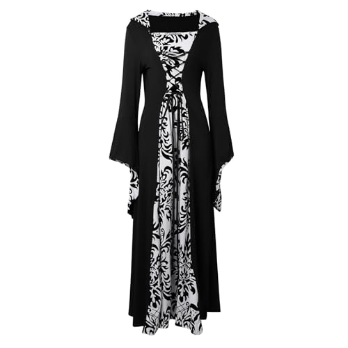 Augystre Damen Mittelalterliche Kleid Mittelalterlich Kapuzen Großes Swing Kleid Bedruck Cosplay Dress Kostüm Elegant Gothic Mittelalter Kostüme Damen Renaissance Maxikleid Damen Gothic Kleider von Augystre