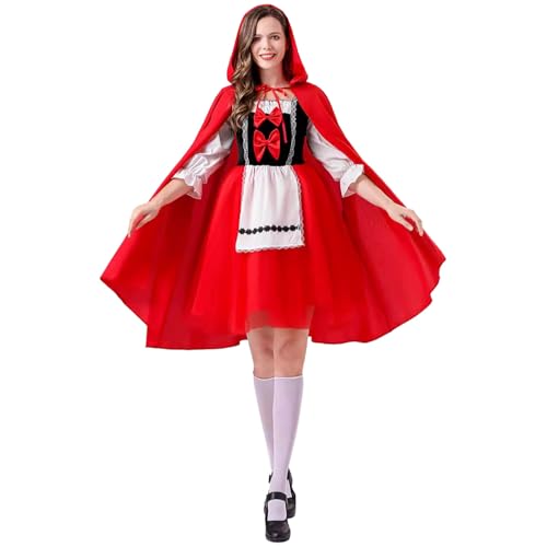 Augystre Damen Rotkäppchen Kostüm Vintage Maxikleid Einfarbig Kleider Traditionelles irisches Kleid mit Umhang für Damen Rockabilly Kleider Damen Fasching Karneval Halloween Cosplay Kostüm von Augystre