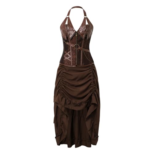 Augystre Damen Steampunk Gothic Kleid Elegant Tunika Maxikleid Frauen V-Ausschnitt Gothic Rockabilly A-Linie Kleid Rockabilly Kleider Damen Vintage Kurzarm Sommerkleid Abendkleid von Augystre