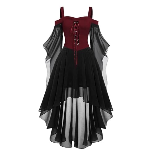 Augystre Damen Steampunk Gothic Kleid Langes Kleid Langarm Samt Gothic Kleid Mesh Gothic Rockabilly A-Linie Kleid Renaissance Kleid Viktorianisches Vintage Maxikleid Helloween Kostüme von Augystre