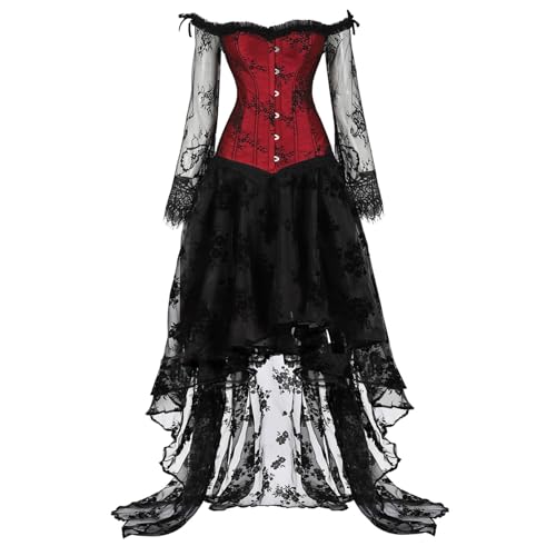 Augystre Damen Steampunk Gothic Kleid Retro Korsett Kleider Renaissance Kostüme V-Ausschnitt Gothic Rockabilly A-Linie Kleid Halloween Karneval Damen Mid-Century für Halloween Karneval von Augystre