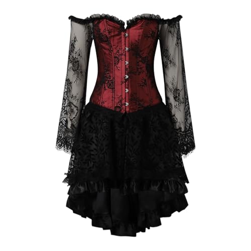 Augystre Damen Steampunk Gothic Kleid Wikinger Renaissance Kleid Korsett mit Rüschen Gothic Corsagenkleid Viktorianischen Königin Kleid Kostüm für Halloween Karneval Oktoberfest Cosplay von Augystre