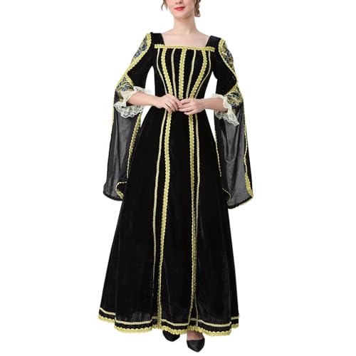 Augystre Mittelalter Kleidung Damen Elegant Samt Maxikleid Frauen Retro Ballkleid Cocktailkleid Festliches Puffärmel Gesmokte Taille Baumwollkleid Renaissance Kleid für Halloween Karneval von Augystre