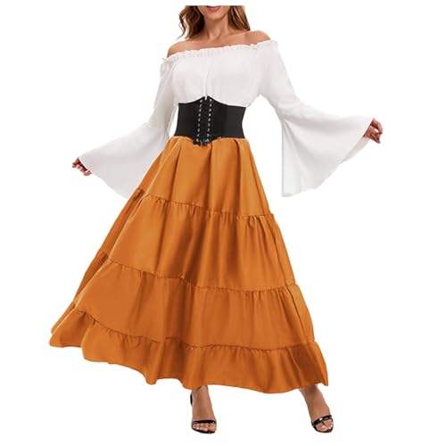 Augystre Mittelalter Kleidung Damen Gothic Retro Kleider Renaissance Kostüme Elastiche Taille Retro Kleid Gothic Kleider Halloween Karneval Kostüm für Halloween Karneval Oktoberfest Cosplay von Augystre