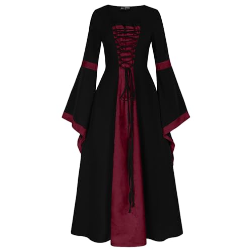 Augystre Mittelalter Kleidung Damen Gothic Retro Langarm Partykleid O-Ausschnitt Gothic Rockabilly A-Linie Kleid Rockabilly Kleider Damen Fasching Karneval Halloween Cosplay Kostüm von Augystre