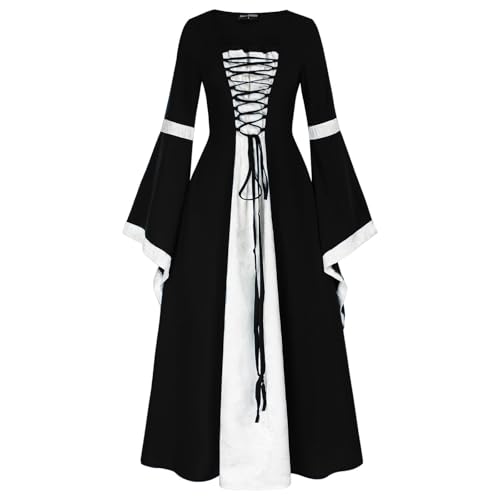 Augystre Mittelalter Kleidung Damen Gothic Retro Langarm Partykleid O-Ausschnitt Gothic Rockabilly A-Linie Kleid Rockabilly Kleider Damen Fasching Karneval Halloween Cosplay Kostüm von Augystre