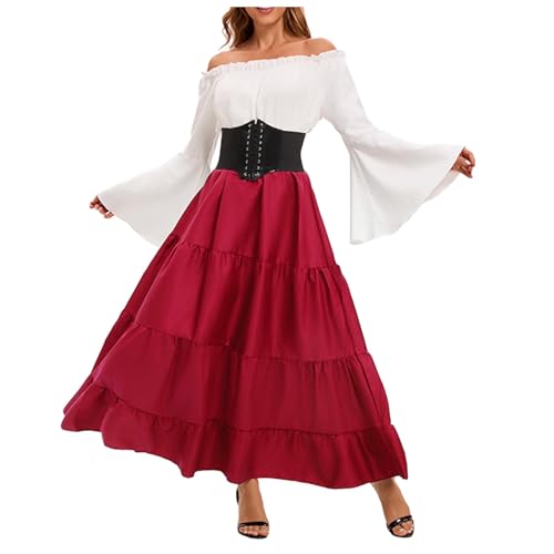 Augystre Renaissance Kleid Damen High Low-Saum mit Rüschen Mittelalter Kleidung Viktorianische Maskerade Puffärmel Gesmokte Taille Baumwollkleid Abendkleid Bound Waist Elegantes Partykleid von Augystre