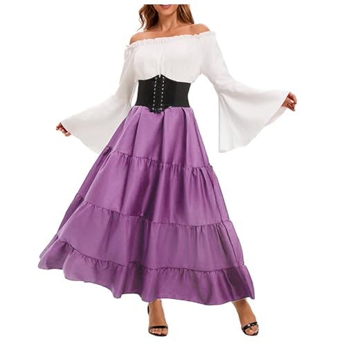 Augystre Renaissance Kleid Damen Vintage Maxikleid Einfarbig Kleider Rokoko Barock Knielang Prinzessin Kleid Halloween Karneval Damen Mid-Century Karneval Mittelalter Kleidung Halloween Kostüm von Augystre