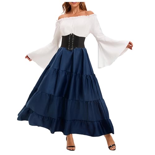 Augystre Renaissance Kleid Damen Vintage Maxikleid Einfarbig Kleider Rokoko Barock Knielang Prinzessin Kleid Halloween Karneval Damen Mid-Century Karneval Mittelalter Kleidung Halloween Kostüm von Augystre