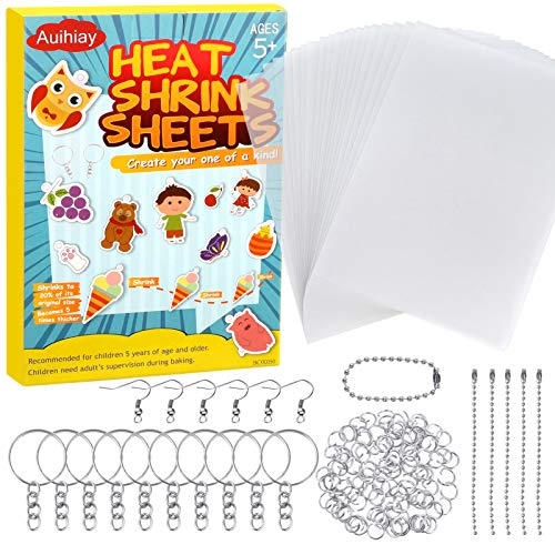 Auihiay 145 Stück Wärmeschrumpf-Plastikfolien-Kit Enthält 20 Stück Schrumpfpapier mit 125 Stück Schlüsselanhänger Zubehör für Kinder Creative Craft von Auihiay