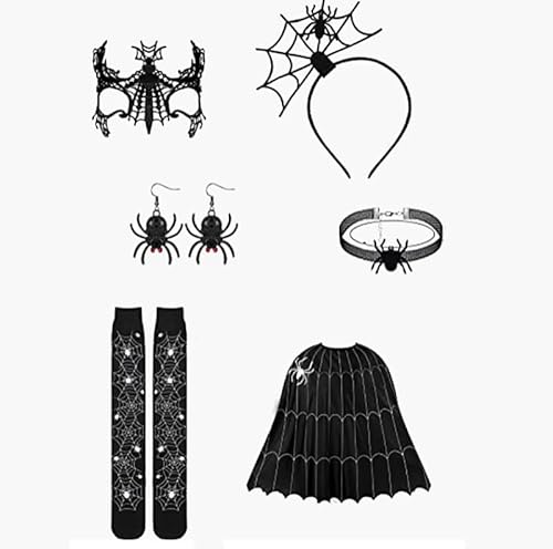 Auirshiky 6 Stück Halloween Kostüm Spinne, Spinne Kostüm Damen, Spinne Maske, Spinne Haarreifen, Spinnennetz Poncho, Halloween Kostüm Set für Karneval Party Dress Up Erwachsene von Auirshiky