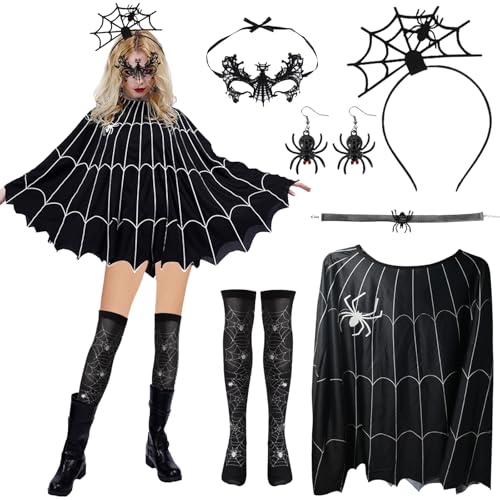 Auirshiky 6 Stück Halloween Kostüm Spinne, Spinne Kostüm Damen, Spinne Maske, Spinne Haarreifen, Spinnennetz Poncho, Halloween Kostüm Set für Karneval Party Dress Up Erwachsene von Auirshiky