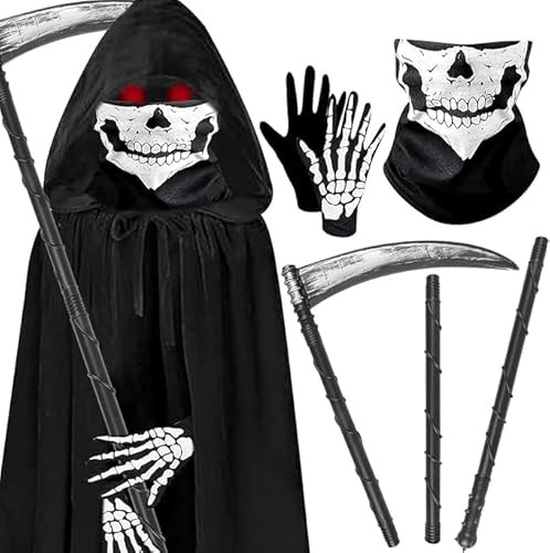 Auirshiky Forhome Halloween Sensenmann Kostüm Grim Reaper Kostüm Erwachsene Halloween Umhang mit Kapuze mit Schädelmaske,Sense,Skelett Handschuhe Sensenmann Umhang für Halloween,Cosplay,Karneval von Auirshiky