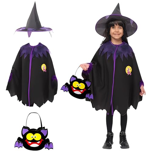 Auirshiky Halloween Fledermaus Umhang mit Hut, Halloween Umhang Kinder, Halloween Kostüm Kinder Fledermaus mit Candy Bag, für Mädchen Junge Halloween Karneval Fasching Cosplay, 3-10 Jahre von Auirshiky