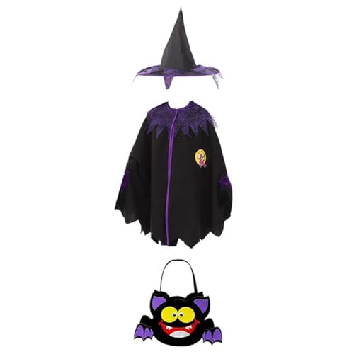 Auirshiky Halloween Fledermaus Umhang mit Hut, Halloween Umhang Kinder, Halloween Kostüm Kinder Fledermaus mit Candy Bag, für Mädchen Junge Halloween Karneval Fasching Cosplay, 3-10 Jahre von Auirshiky