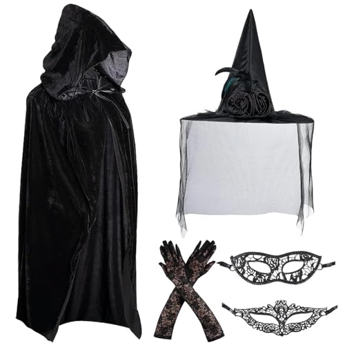 Auirshiky Halloween Schwarz Deko Set Hexenkostüm Hexenhut Spitzenhandschuhe Halloween Mantel Flache Spitzenmaske Katzengesicht Spitzenmaske Partykostüm Kapuzenmantel Erwachsene 5er Set Schwarz von Auirshiky