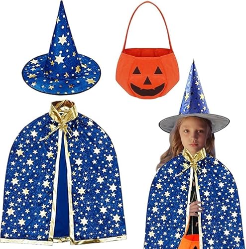 Auirshiky Kinder Halloween Kostüm, Wizard Cape,Wizard Cape Witch Umhang mit Hut, Kürbis Candy Bag, Zauberer Mantel mit Requisiten für Jungen Mädchen Cosplay Party (Blau) von Auirshiky