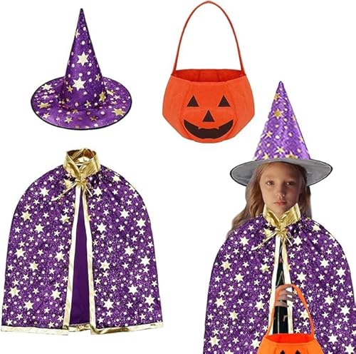 Auirshiky Kinder Halloween Kostüm, Wizard Cape,Wizard Cape Witch Umhang mit Hut, Kürbis Candy Bag, Zauberer Mantel mit Requisiten für Jungen Mädchen Cosplay Party (Lila) von Auirshiky