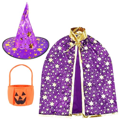 Auirshiky Kinder Halloween Kostüm, Wizard Cape,Wizard Cape Witch Umhang mit Hut, Kürbis Candy Bag, Zauberer Mantel mit Requisiten für Jungen Mädchen Cosplay Party (Lila) von Auirshiky