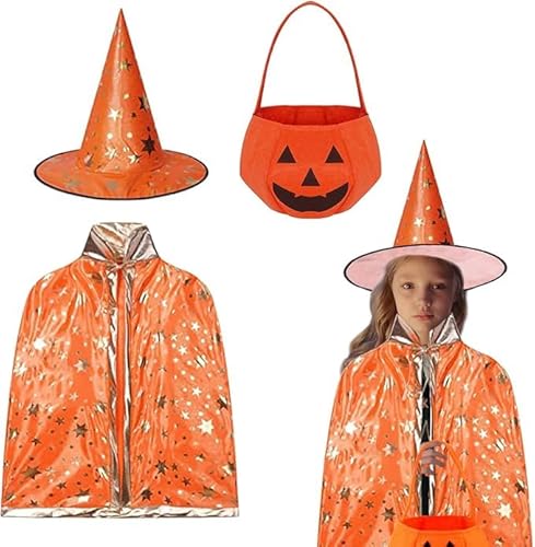 Auirshiky Kinder Halloween Kostüm, Wizard Cape,Wizard Cape Witch Umhang mit Hut, Kürbis Candy Bag, Zauberer Mantel mit Requisiten für Jungen Mädchen Cosplay Party (Orange) von Auirshiky