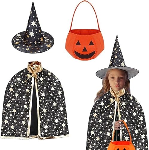 Auirshiky Kinder Halloween Kostüm, Wizard Cape,Wizard Cape Witch Umhang mit Hut, Kürbis Candy Bag, Zauberer Mantel mit Requisiten für Jungen Mädchen Cosplay Party (Schwarz) von Auirshiky