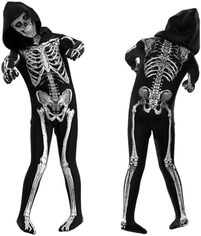 Auirshiky Kinder Skelett Kostüm, 130CM Halloween Kostüm Kinder, Grim Reaper Kostüme,Skelett Kinderkostüm für Halloween Party Karnevals Cosplay Faschings, Unisex (M) von Auirshiky