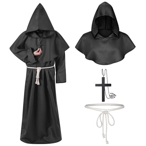 Auirshiky Robe Mönch Kostüm Herren mit Kapuze und Kreuz,Mönch Priester Kostüm Gewand,Mittelalter Renaissance Robe,Herren Cosplay Mönchskostüm,Halloween Kostüm Herren für Mottoparty,Halloween (S) von Auirshiky