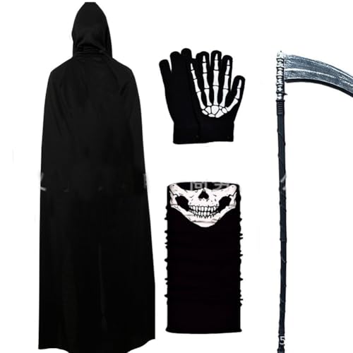 Auirshiky Sensenmann Kostüm Kinder, Halloween Kostüm Set mit Schädelmaske, Sense und Handschuhe, Umhang mit Kapuze Vampir Kostüm, Unisex Umhang für Halloween Dekoration Cosplay Karneval (60cm) von Auirshiky