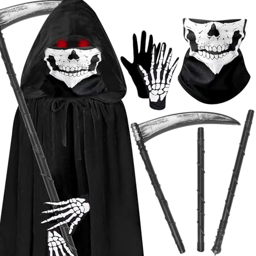 Auirshiky Sensenmann Kostüm Kinder, Halloween Kostüm Set mit Schädelmaske, Sense und Handschuhe, Umhang mit Kapuze Vampir Kostüm, Unisex Umhang für Halloween Dekoration Cosplay Karneval (60cm) von Auirshiky