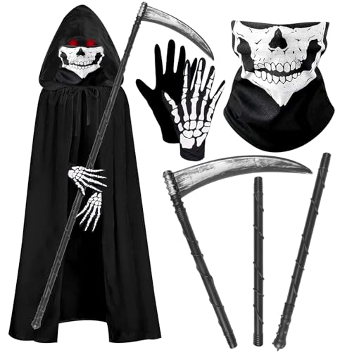 Auirshiky Sensenmann Kostüm Kinder, Halloween Kostüm Set mit Schädelmaske, Sense und Handschuhe, Umhang mit Kapuze Vampir Kostüm, Unisex Umhang für Halloween Dekoration Cosplay Karneval (80cm) von Auirshiky