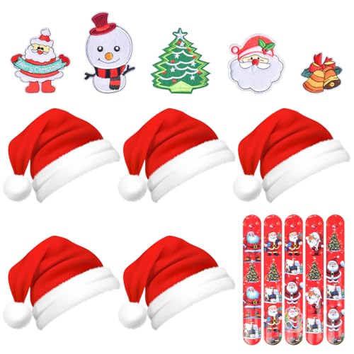 Auirshiky Weihnachtsmütze, 5 Stück Rot Weihnachtsmann-Hüte, Weihnachten Mütze Set, mit Stoff Sticker Clapping Kreis, passend für Weihnachten verkleiden, Geschenk geben, Kostümpartys von Auirshiky