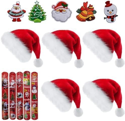 Auirshiky Weihnachtsmütze, 5 Stück Rot Weihnachtsmann-Hüte, Weihnachten Mütze Set, mit Stoff Sticker Clapping Kreis, passend für Weihnachten verkleiden, Geschenk geben, Kostümpartys von Auirshiky