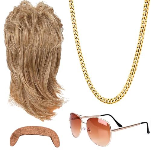 Herren Blond Perücken Wig, Perücke Herren 4er Set, Männer Karneval Perücke, Herren Perücke 80er 90er Jahre Outfit Accessoires, Perücke, Sonnenbrille, Goldene Halskette, Bart von Auirshiky