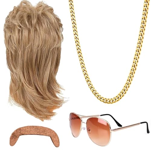 Perücke Herren 4er Set Herren Perücke 80er 90er Jahre Outfit Accessoires Herren Blond Perücken Wig Sonnenbrille Halskette Für Fasching Cosplay Halloween Kostümfeste von Auirshiky