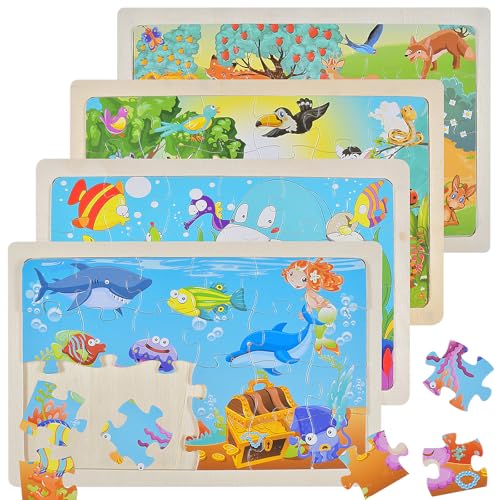 Set mit 4 Tierpuzzles für 3-, 4- und 5-Jährige, 4x24-teilige Holzpuzzles für Kinder, Früherziehungsspielzeug für Kinder, Montessori-Vorschul-Lernspielzeug, Geschenke für Mädchen und Jungen von Auirshiky