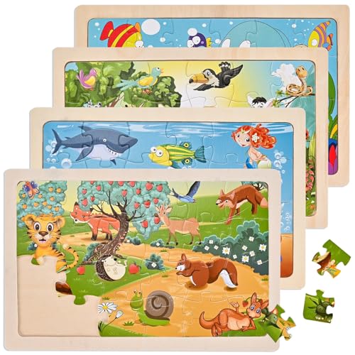 Set mit 4 Tierpuzzles für 3-, 4- und 5-Jährige, 4x24-teilige Holzpuzzles für Kinder, Früherziehungsspielzeug für Kinder, Montessori-Vorschul-Lernspielzeug, Geschenke für Mädchen und Jungen von Auirshiky