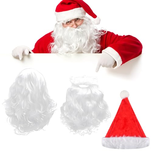 Weihnachtsmütze Weihnachtsmann Perücke und Bart Set Nikolaus Perücke Santa Claus Bart Weihnachtsmütze für Erwachsene Weihnachtsmann Kostüm Zubehör für Weihnachten Partyzubehör Weihnachtsfeier (Weiß B) von Auirshiky