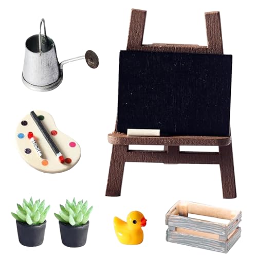 Wichtel Zubehör,Miniatur Wichtel Zubehör Mal Kunst Set,1/12 Miniatur Staffelei Gemälde Pinsel Möbel Deko,DIY Wichtelzubehör Staffelei Kleine Ente Topfpflanze Gießkanne,Miniatur Garten Zubehör von Auirshiky