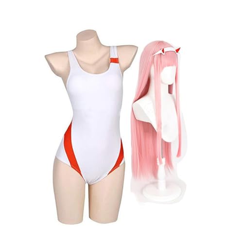 Aulande Darling in The FRANXX Cosplay Kostüm 02 Zero Two Weißer Badeanzug Damen Cosplay Bodysuit Bademode Outfit für Halloween Karneval Party (Costume With Wig, L) von Aulande